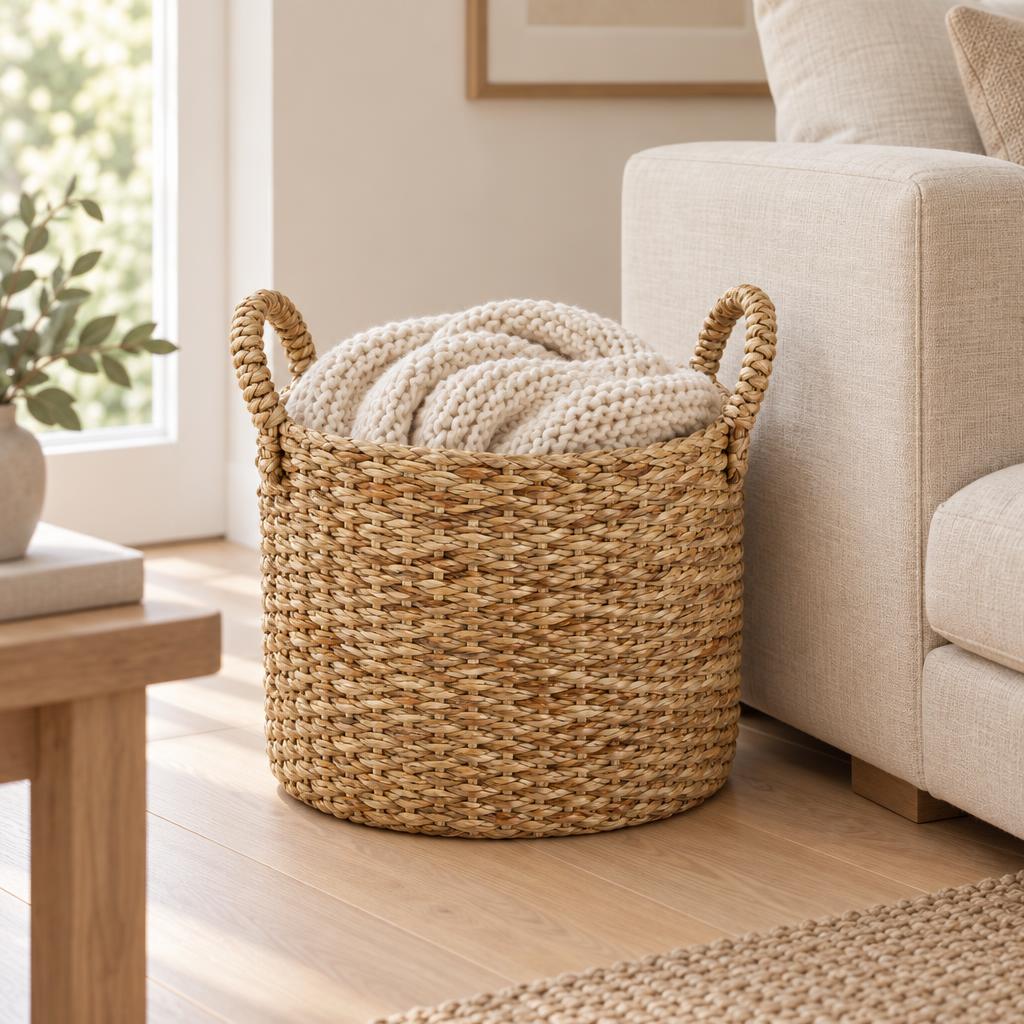 Round seagrass storage basket with handles in a calm neutral room