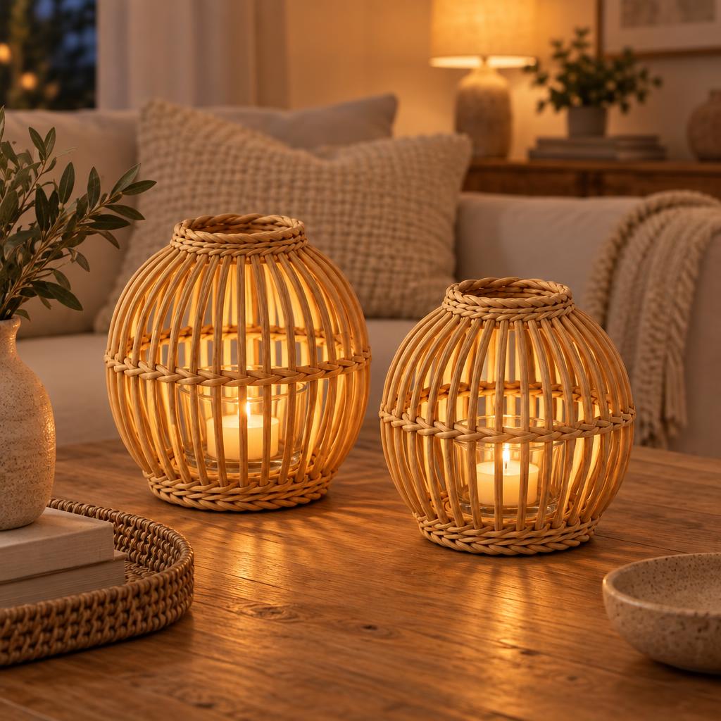 Two woven rattan tealight lanterns glowing on a wooden coffee table
