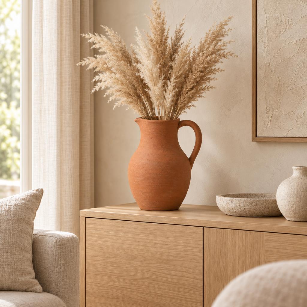 Terracotta pitcher vase with dried pampas grass on an oak sideboard